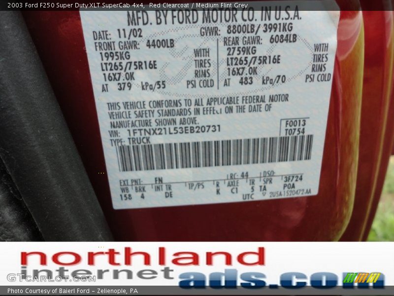Red Clearcoat / Medium Flint Grey 2003 Ford F250 Super Duty XLT SuperCab 4x4
