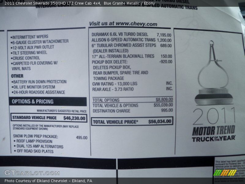  2011 Silverado 3500HD LTZ Crew Cab 4x4 Window Sticker