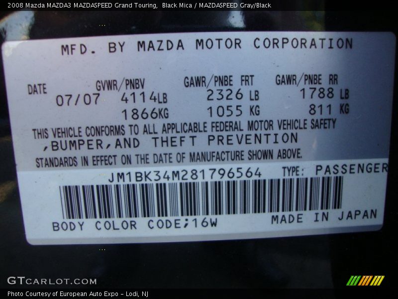 2008 MAZDA3 MAZDASPEED Grand Touring Black Mica Color Code 16W