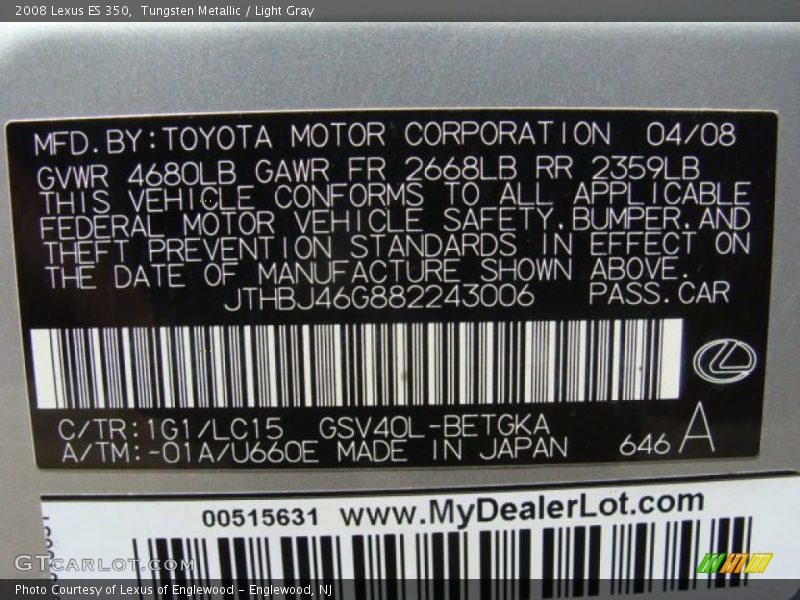 Tungsten Metallic / Light Gray 2008 Lexus ES 350