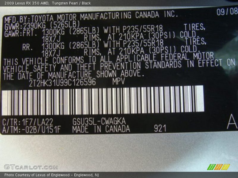 Tungsten Pearl / Black 2009 Lexus RX 350 AWD