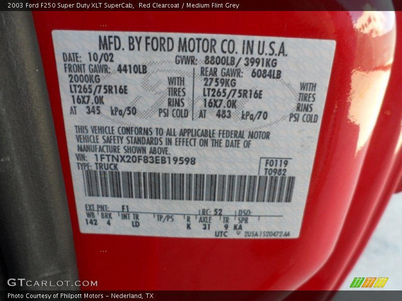 2003 F250 Super Duty XLT SuperCab Red Clearcoat Color Code F1
