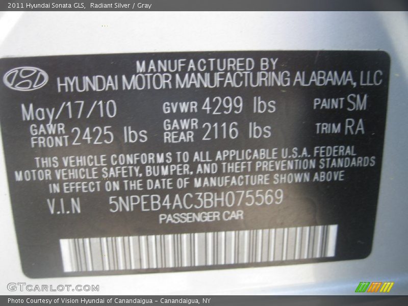 Radiant Silver / Gray 2011 Hyundai Sonata GLS