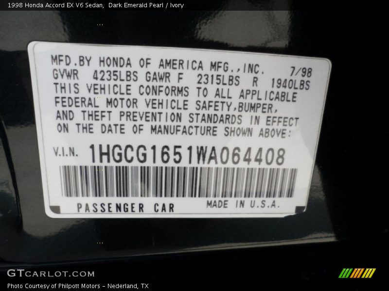 Dark Emerald Pearl / Ivory 1998 Honda Accord EX V6 Sedan