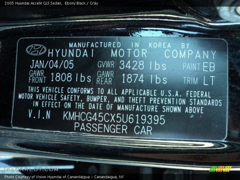 2005 Accent GLS Sedan Ebony Black Color Code EB
