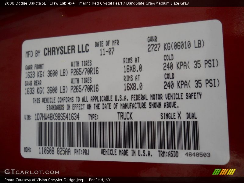 2008 Dakota SLT Crew Cab 4x4 Inferno Red Crystal Pearl Color Code PRJ