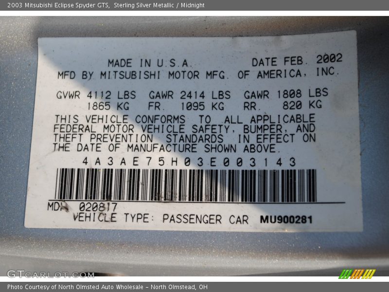 Info Tag of 2003 Eclipse Spyder GTS