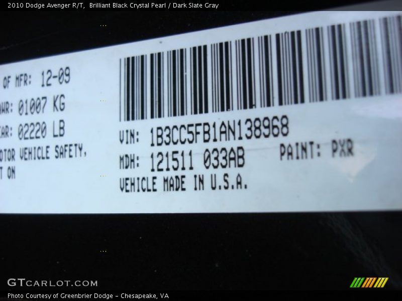 Brilliant Black Crystal Pearl / Dark Slate Gray 2010 Dodge Avenger R/T