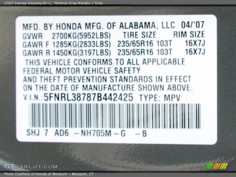Nimbus Gray Metallic / Gray 2007 Honda Odyssey EX-L