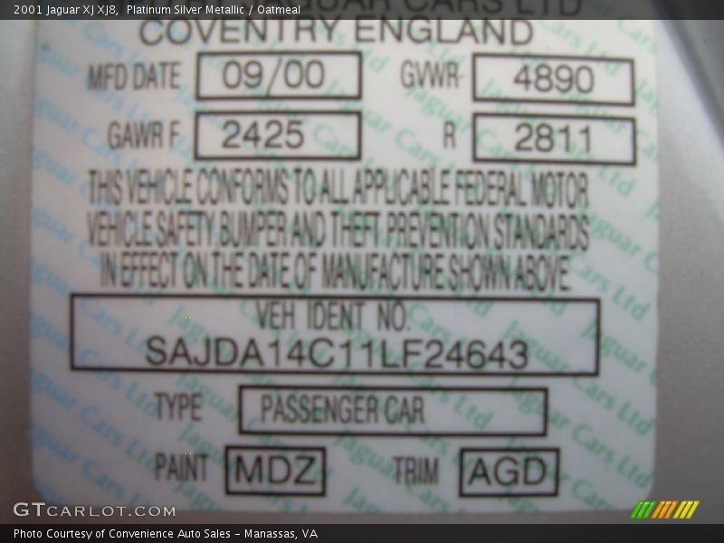 2001 XJ XJ8 Platinum Silver Metallic Color Code MDZ