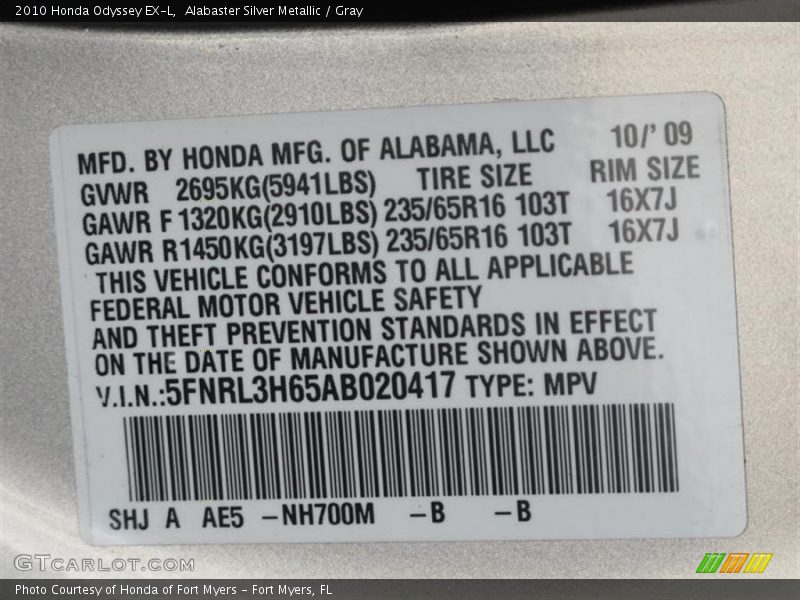 Alabaster Silver Metallic / Gray 2010 Honda Odyssey EX-L