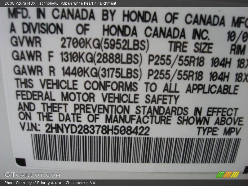 Aspen White Pearl / Parchment 2008 Acura MDX Technology