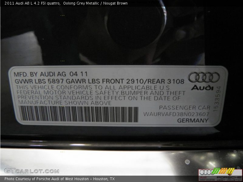 Oolong Grey Metallic / Nougat Brown 2011 Audi A8 L 4.2 FSI quattro