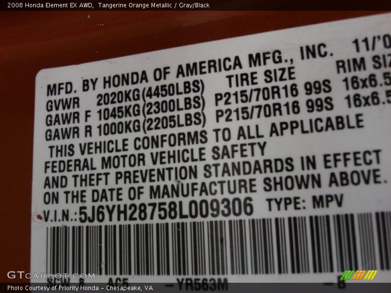 Tangerine Orange Metallic / Gray/Black 2008 Honda Element EX AWD