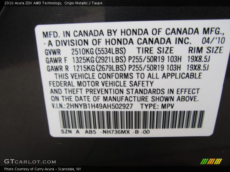 2010 ZDX AWD Technology Grigio Metallic Color Code NH736MX