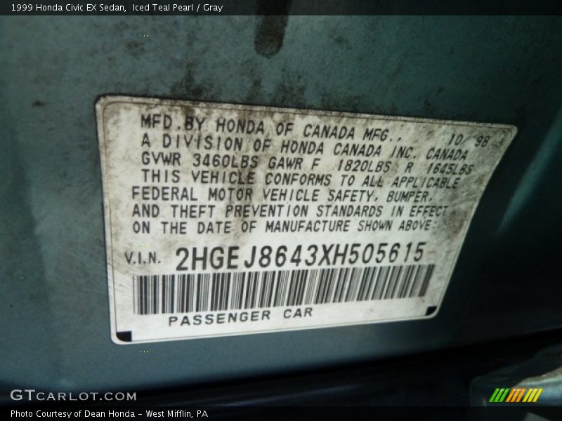 Iced Teal Pearl / Gray 1999 Honda Civic EX Sedan