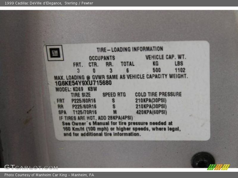 Info Tag of 1999 DeVille d'Elegance