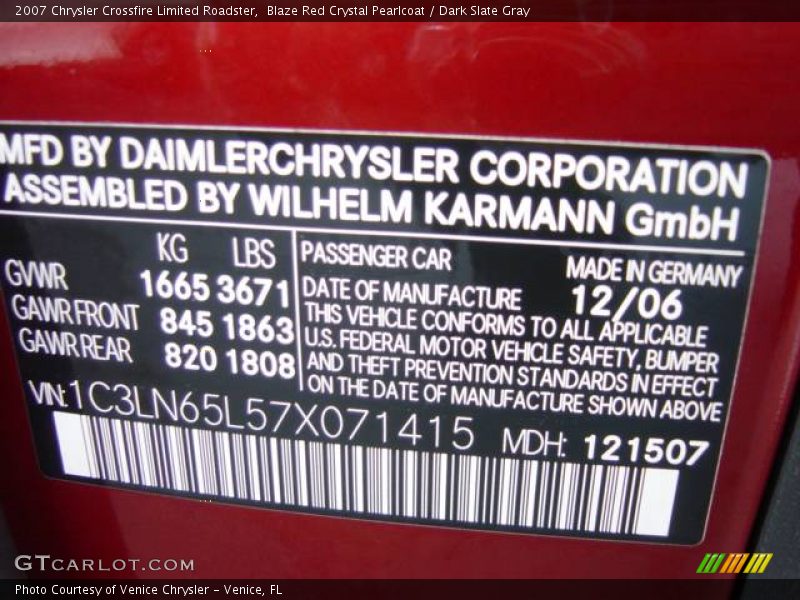 Blaze Red Crystal Pearlcoat / Dark Slate Gray 2007 Chrysler Crossfire Limited Roadster