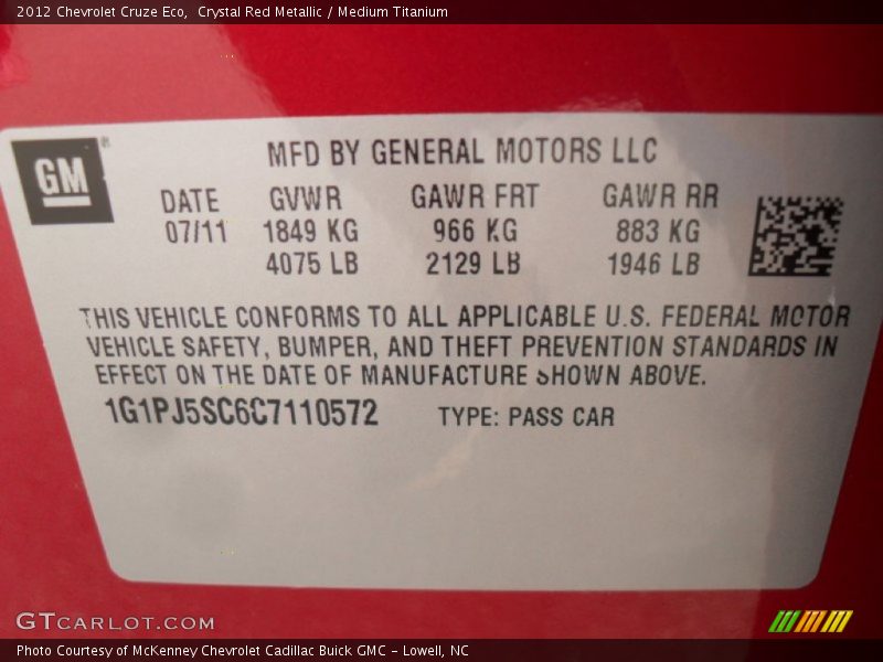 Info Tag of 2012 Cruze Eco