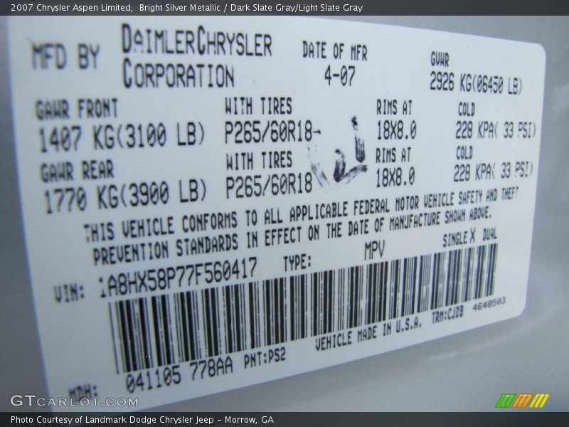 Bright Silver Metallic / Dark Slate Gray/Light Slate Gray 2007 Chrysler Aspen Limited