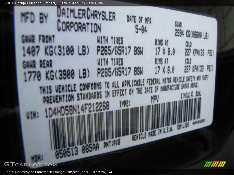 Black / Medium Slate Gray 2004 Dodge Durango Limited