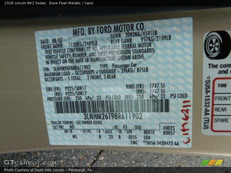 Dune Pearl Metallic / Sand 2008 Lincoln MKZ Sedan