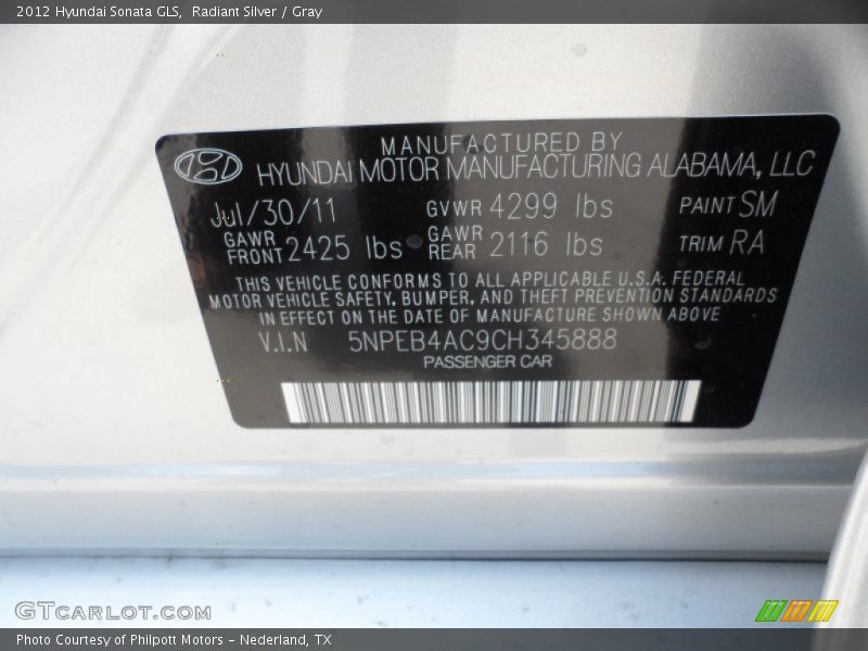 Radiant Silver / Gray 2012 Hyundai Sonata GLS