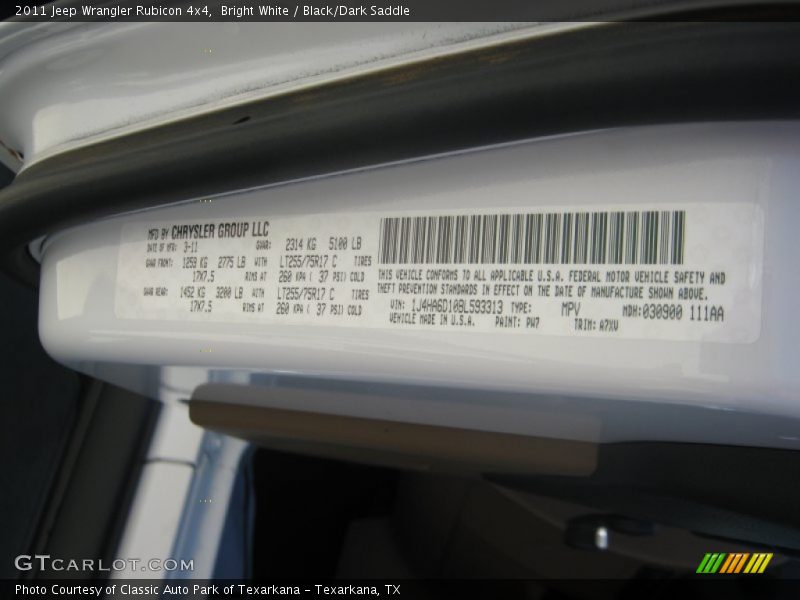 2011 Wrangler Rubicon 4x4 Bright White Color Code PW7