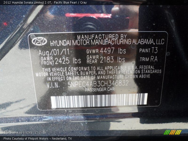 Pacific Blue Pearl / Gray 2012 Hyundai Sonata Limited 2.0T