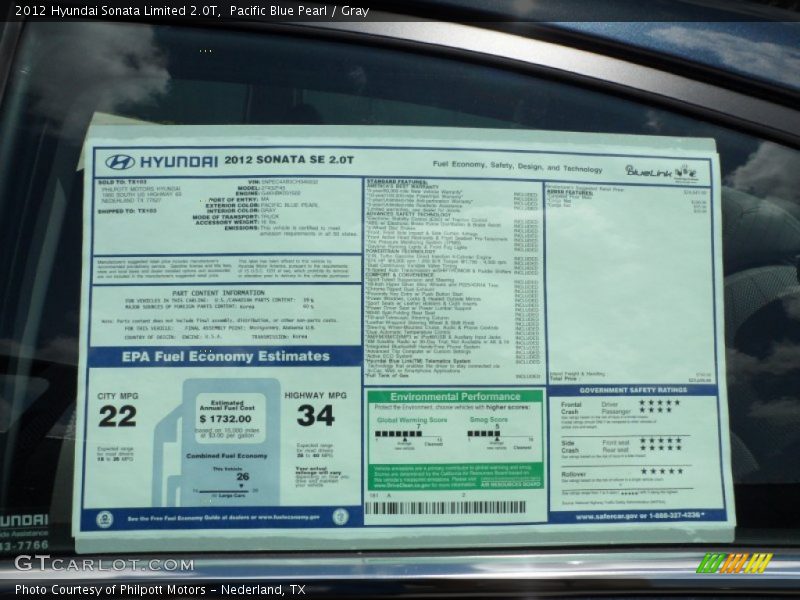  2012 Sonata Limited 2.0T Window Sticker