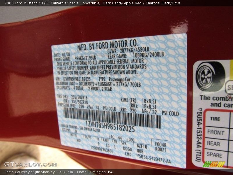 Dark Candy Apple Red / Charcoal Black/Dove 2008 Ford Mustang GT/CS California Special Convertible