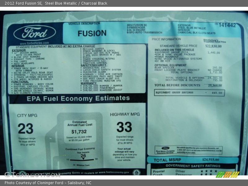 Steel Blue Metallic / Charcoal Black 2012 Ford Fusion SE