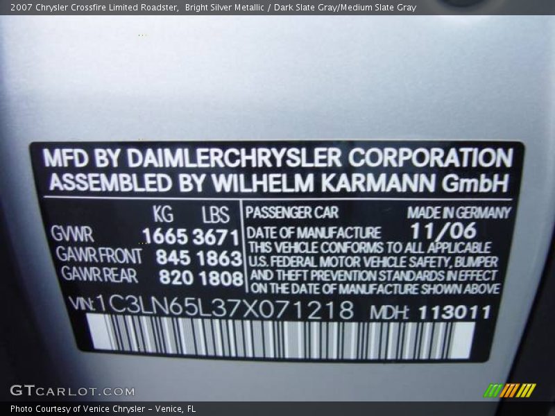 Bright Silver Metallic / Dark Slate Gray/Medium Slate Gray 2007 Chrysler Crossfire Limited Roadster