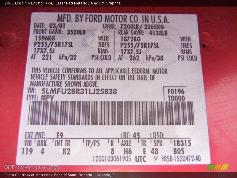 2001 Navigator 4x4 Laser Red Metallic Color Code E9