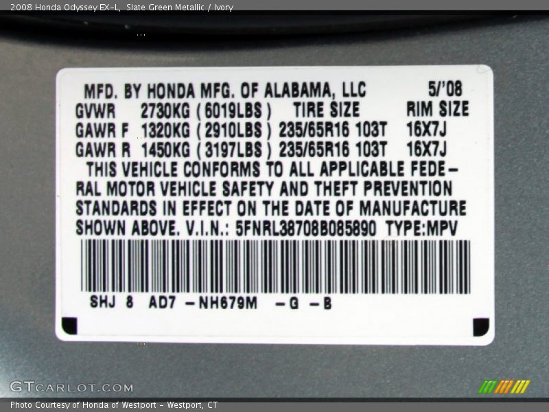 Slate Green Metallic / Ivory 2008 Honda Odyssey EX-L
