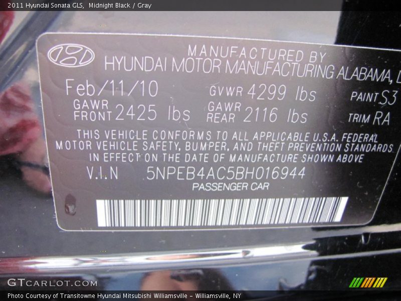 Midnight Black / Gray 2011 Hyundai Sonata GLS