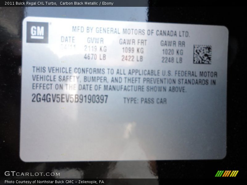 Carbon Black Metallic / Ebony 2011 Buick Regal CXL Turbo