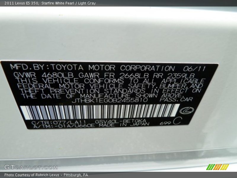 Starfire White Pearl / Light Gray 2011 Lexus ES 350