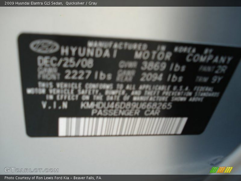 Quicksilver / Gray 2009 Hyundai Elantra GLS Sedan