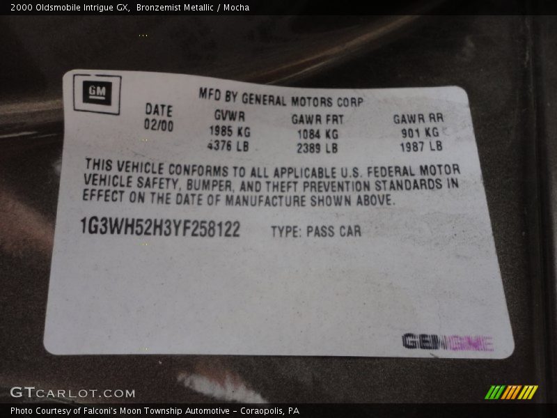 Bronzemist Metallic / Mocha 2000 Oldsmobile Intrigue GX