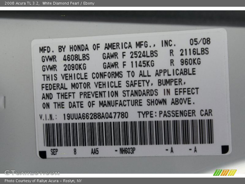 White Diamond Pearl / Ebony 2008 Acura TL 3.2