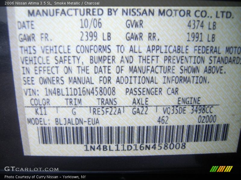 Smoke Metallic / Charcoal 2006 Nissan Altima 3.5 SL