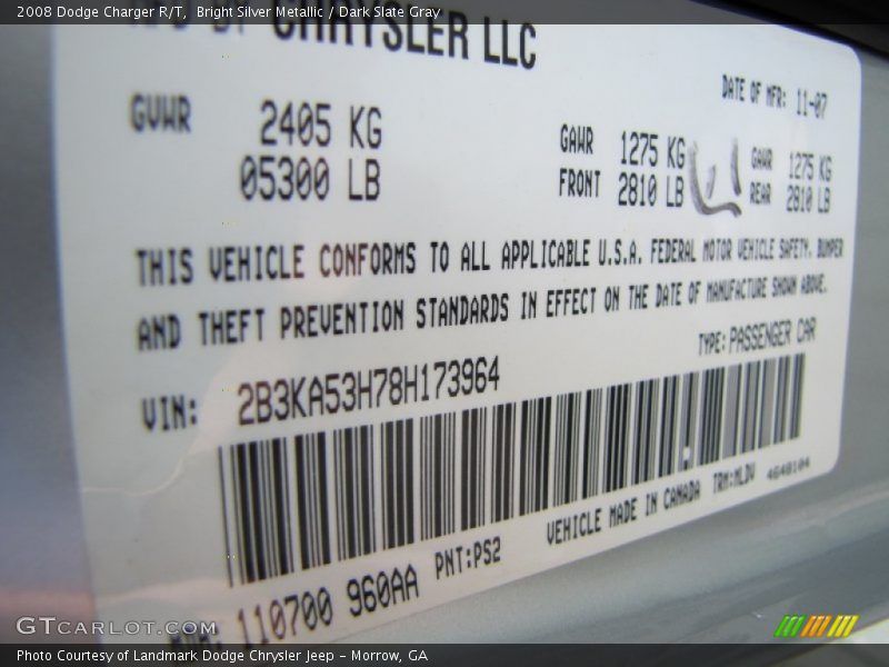 Bright Silver Metallic / Dark Slate Gray 2008 Dodge Charger R/T