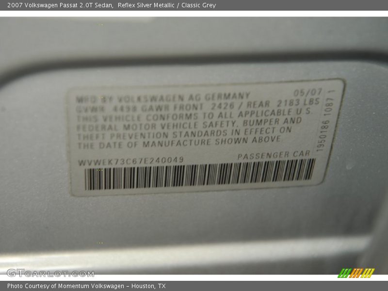 Reflex Silver Metallic / Classic Grey 2007 Volkswagen Passat 2.0T Sedan