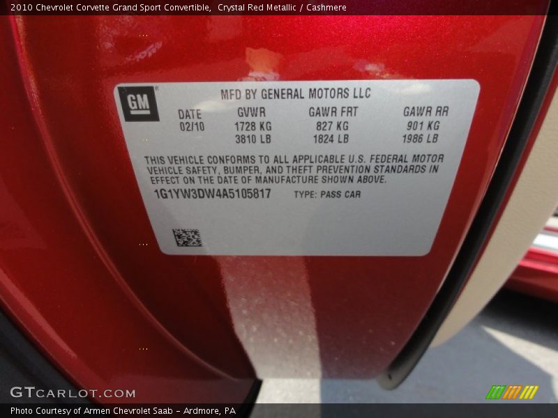 Info Tag of 2010 Corvette Grand Sport Convertible
