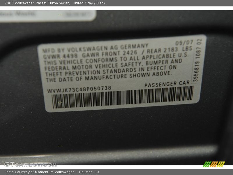 United Gray / Black 2008 Volkswagen Passat Turbo Sedan