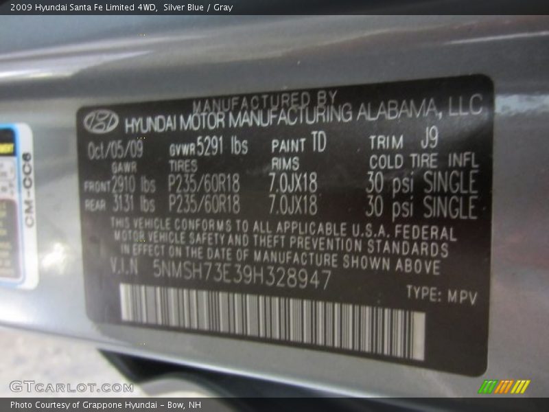Silver Blue / Gray 2009 Hyundai Santa Fe Limited 4WD