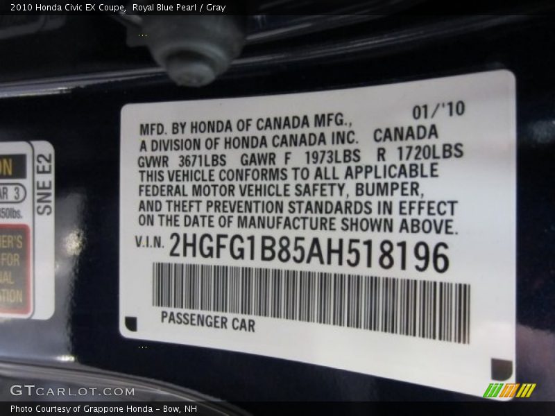 Royal Blue Pearl / Gray 2010 Honda Civic EX Coupe