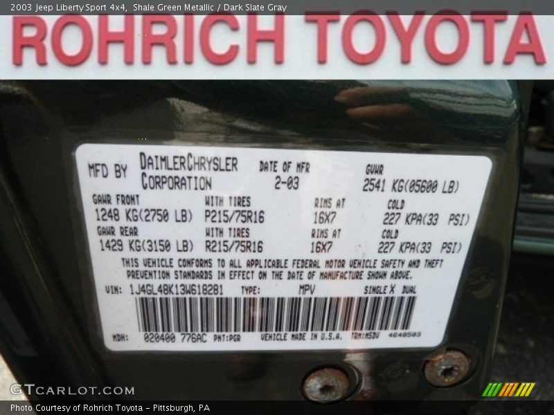 Shale Green Metallic / Dark Slate Gray 2003 Jeep Liberty Sport 4x4