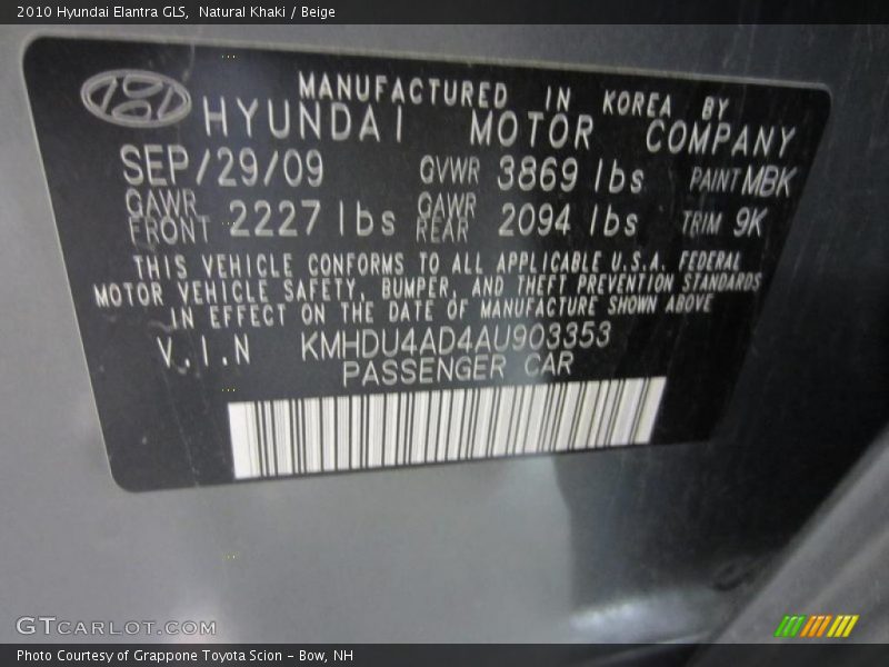Natural Khaki / Beige 2010 Hyundai Elantra GLS